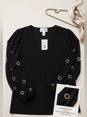 Joseph Ribkoff Black V-Neck Top with Sheer Embellished Sleeves